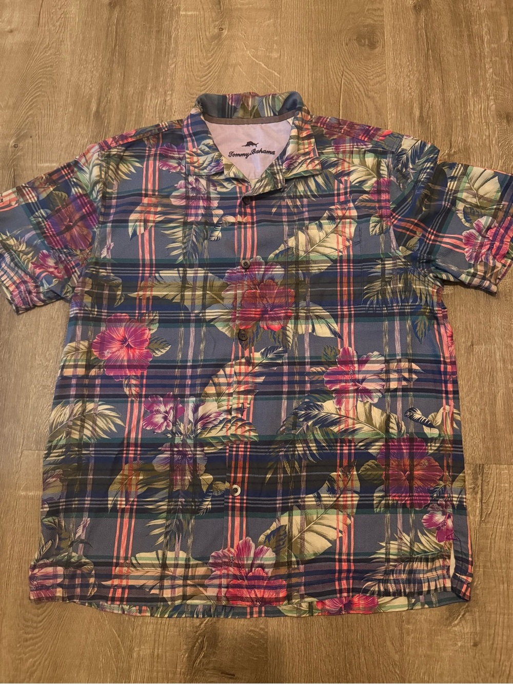 Tommy Bahama Huladays Plaid Hawaiian Floral Button-Down Shirt SzL